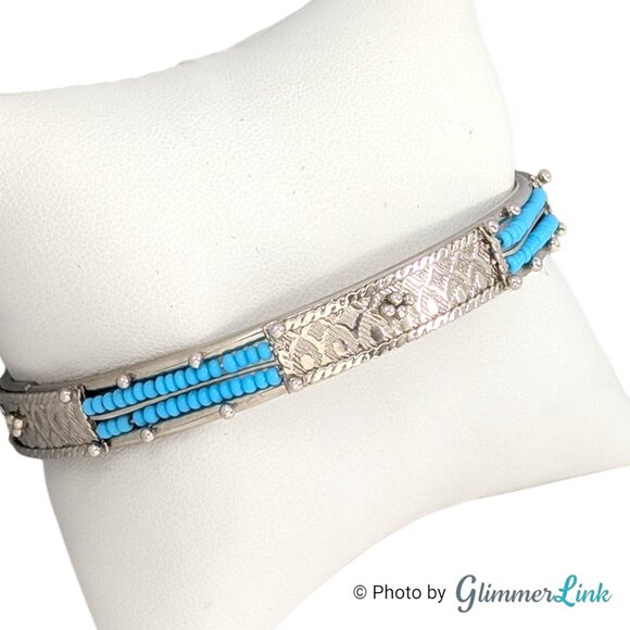 Southwestern Style Silver Tone Bangle Bracelet with Teal Seed Beads - Picture 6 of 9